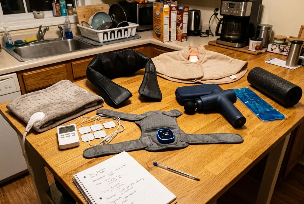 Eight shoulder relief devices laid out on a kitchen table for testing