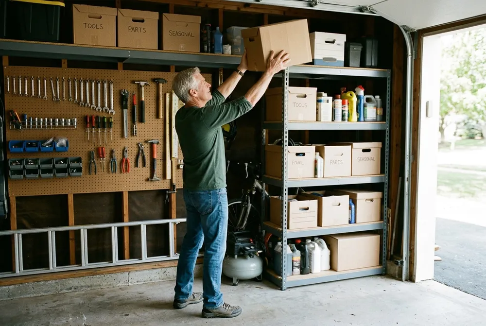 Grey-haired man reaching overhead to put a box on a high garage shelf