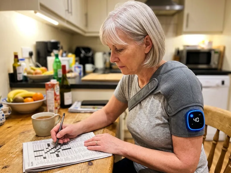 Woman doing a crossword at her kitchen table wearing the Komprio wrap